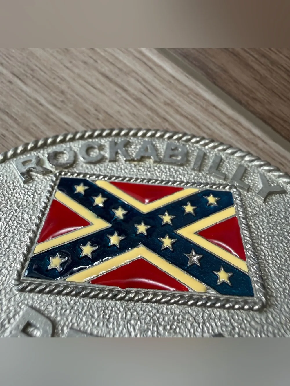Vintage Rockabilly Rebel Southern Confederate Flag Silver Belt Buckle